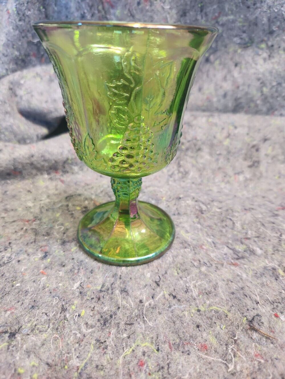 Vintage Indiana Carnival Glass Iridescent Lime Green Goblet Harvest Grape